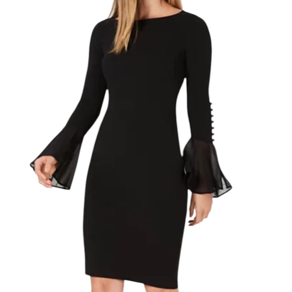 Calvin Klein Womens Black Bell Sleeve Sheath Dress Size 8 LBD Classic Old Money